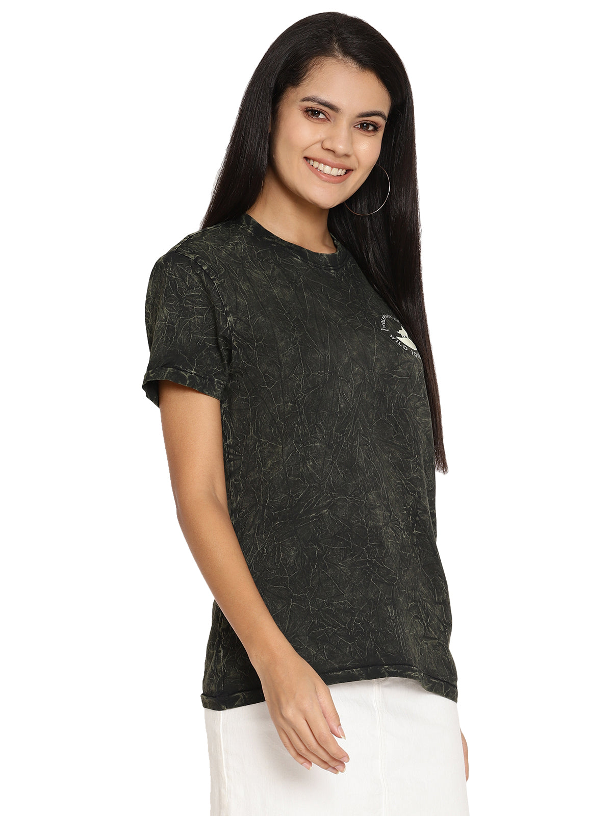 Wolfpack Crinkle Wash Leaf Green Printed Women T-Shirt Wolfpack