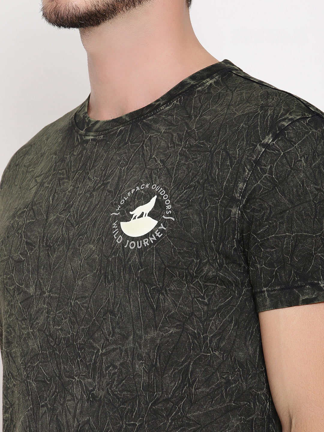 Crinkle Wash Leaf Green Printed Men T-Shirt Wolfpack