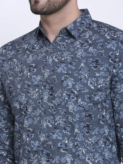 Crosscreek Men Grey & Blue Slim Fit Printed Denim Casual Shirt Crosscreek