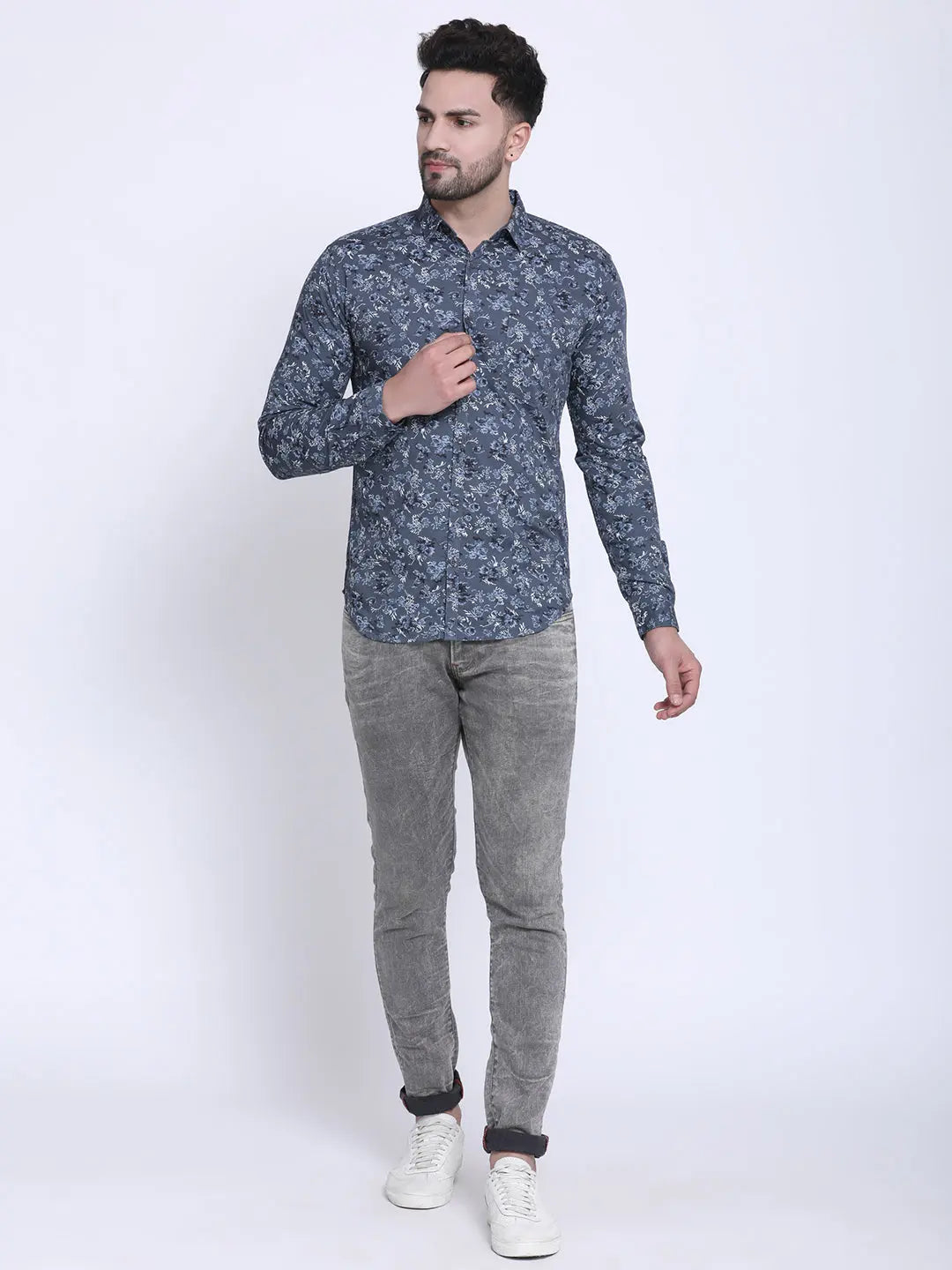 Crosscreek Men Grey & Blue Slim Fit Printed Denim Casual Shirt Crosscreek