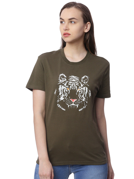 Wolfpack Women Army Green Printed T-Shirt Wolfpack