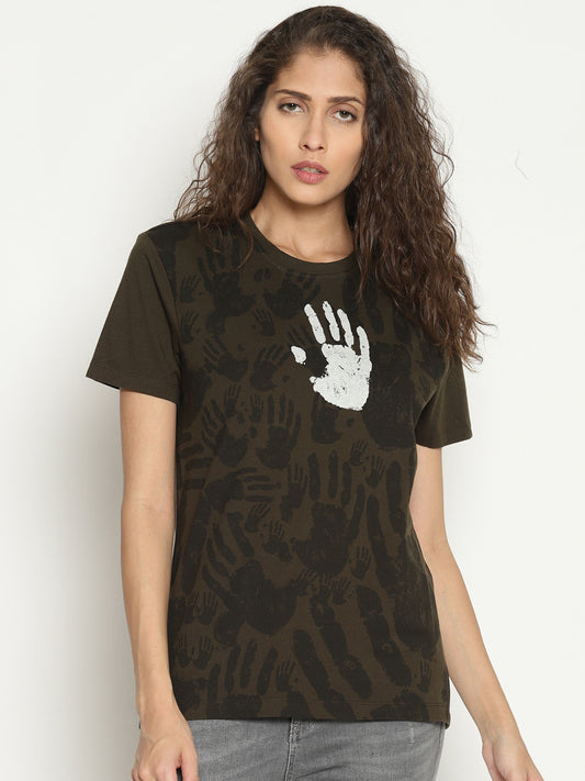 Wolfpack Women Olive Green Printed T-Shirt Wolfpack