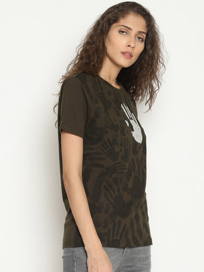 Wolfpack Women Olive Green Printed T-Shirt Wolfpack