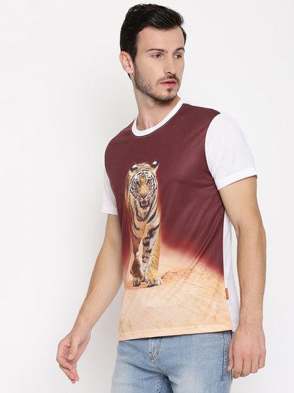Tiger Head On Poly Brown with White Printed Men T-Shirt Wolfpack