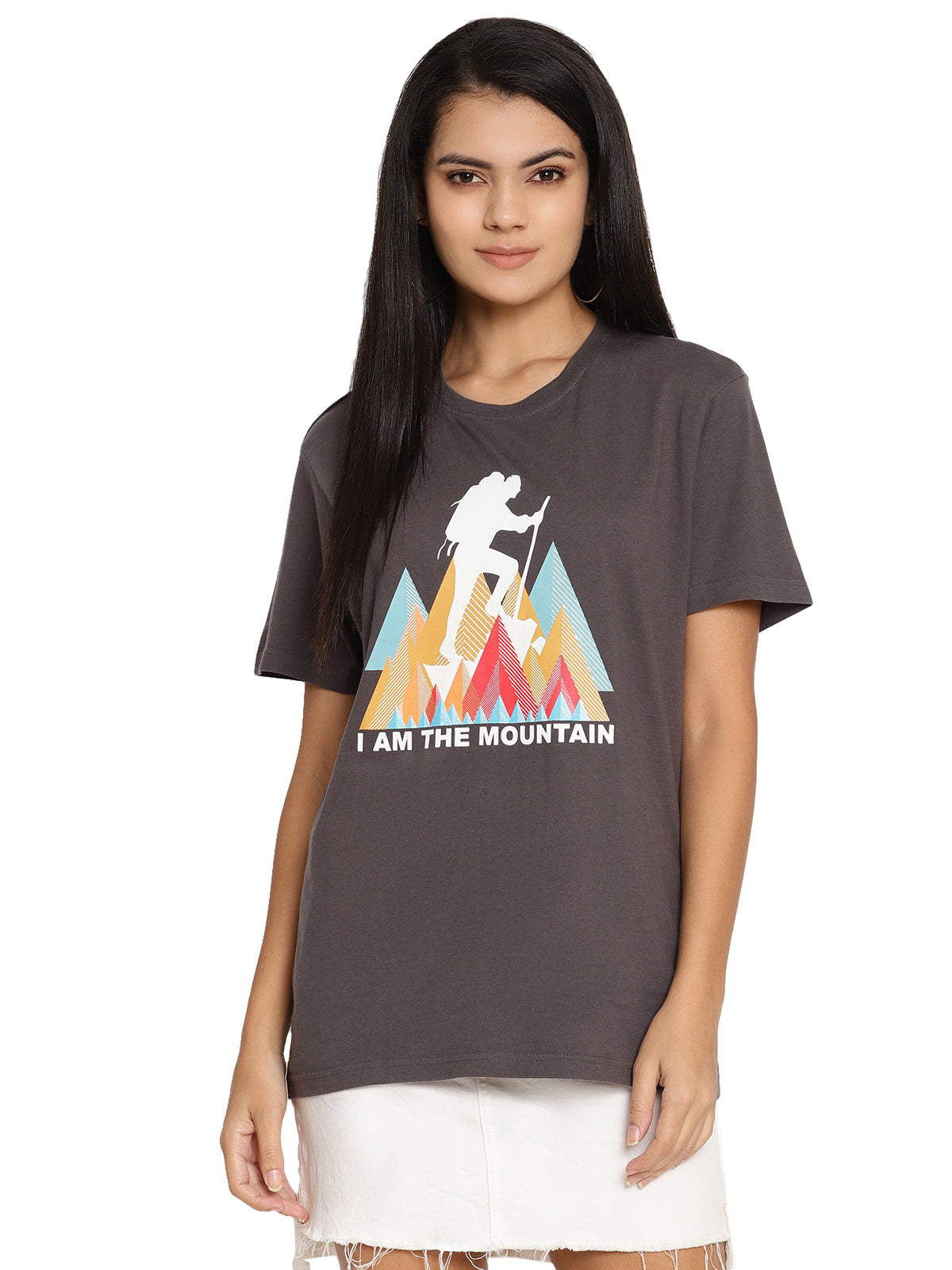 Wolfpack I Am Mountain Dark Grey Printed Women T-Shirt Wolfpack