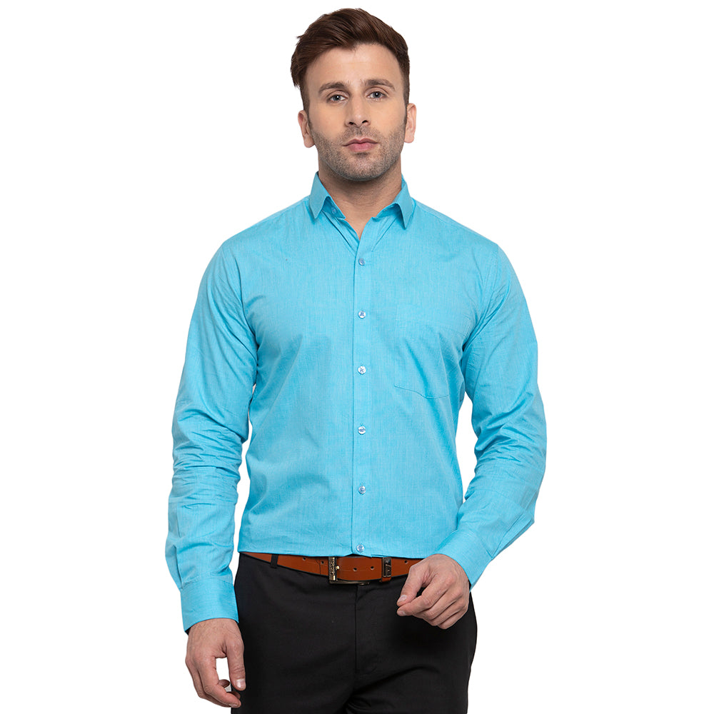 Copperline Men Turquoise Solid Slim Fit Formal Shirt Copperline