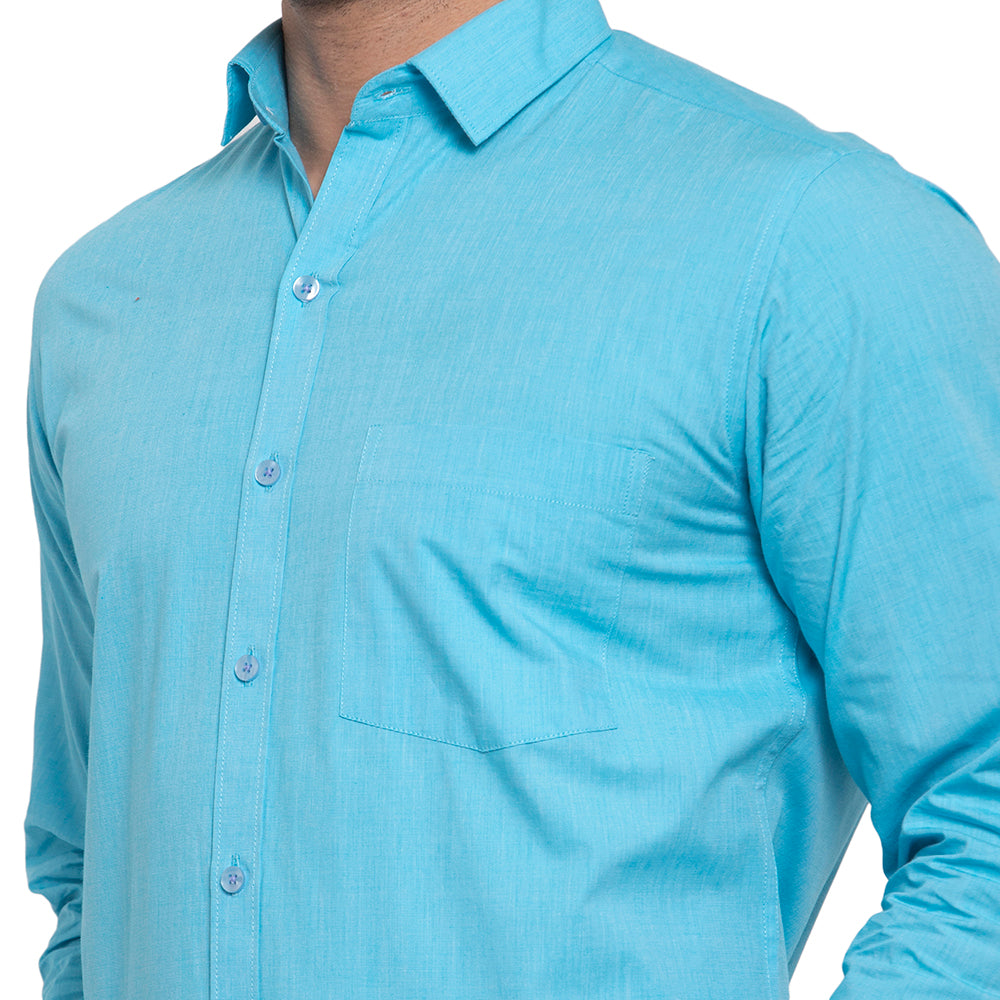 Copperline Men Turquoise Solid Slim Fit Formal Shirt Copperline