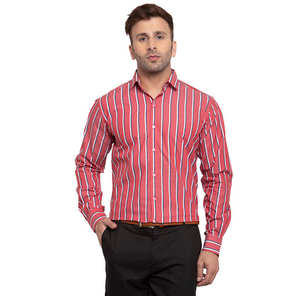 Copperline Men Red & White-Blue Slim Fit Striped Formal Shirt Copperline