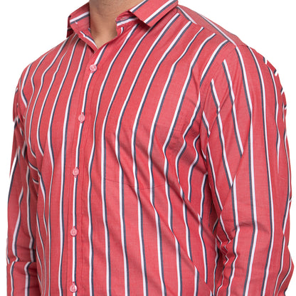 Copperline Men Red & White-Blue Slim Fit Striped Formal Shirt Copperline