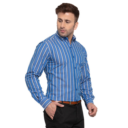 Copperline Men Blue Striped Slim Fit Formal Shirt Copperline