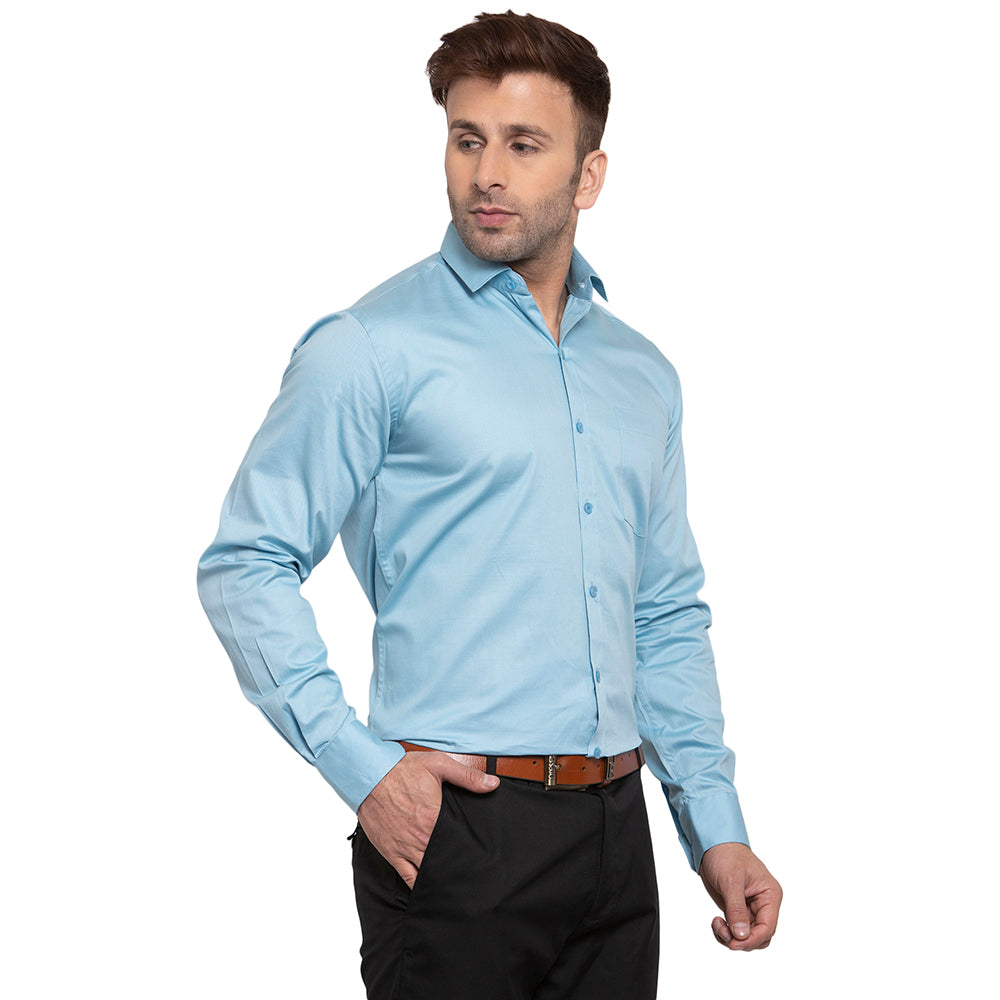 Copperline Men Sky Blue Solid Slim Fit Formal Shirt Copperline