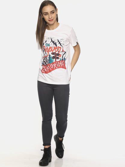 Wolfpack Women White Printed Exploring T-Shirt Wolfpack