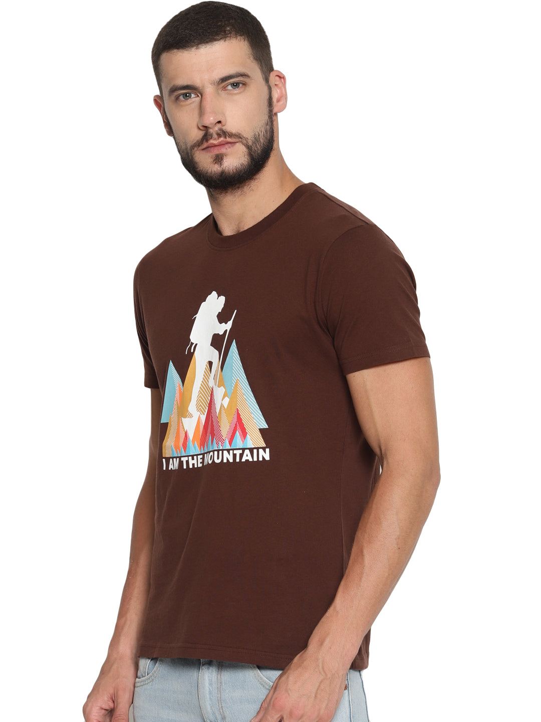 Wolfpack Men Choco Brown Printed Round Neck T-Shirt Wolfpack