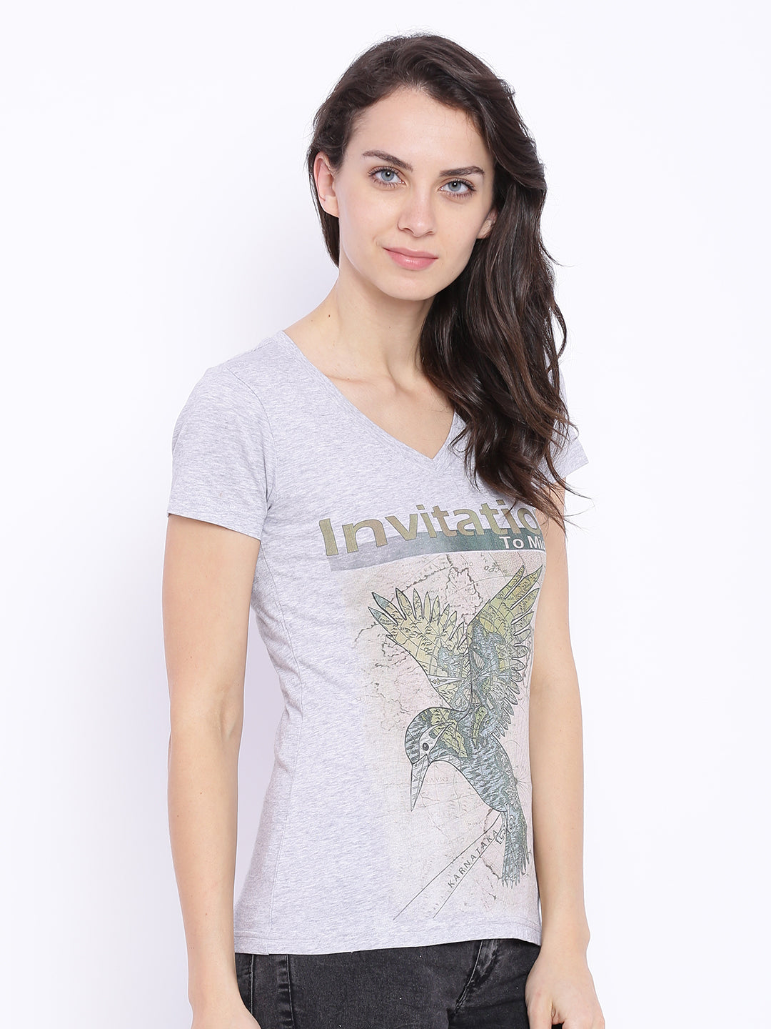 Wolfpack Women Grey Melange Printed T-Shirt Wolfpack