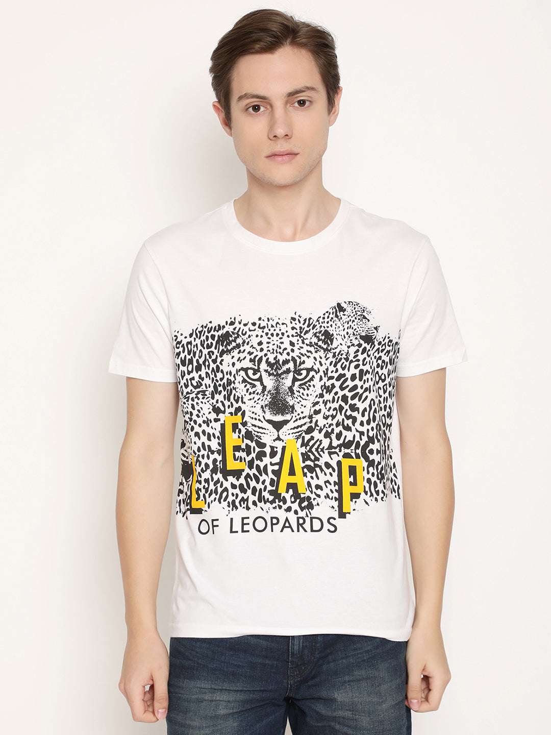 Leap Of Leopards White Printed Men T-Shirt Wolfpack