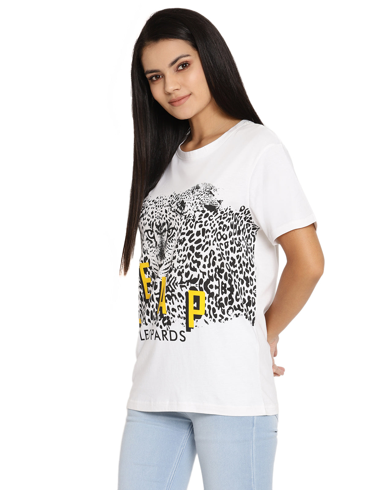 Wolfpack Leap Of Leopards White Printed Women T-Shirt Wolfpack