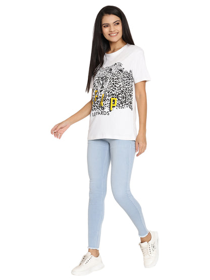 Wolfpack Leap Of Leopards White Printed Women T-Shirt Wolfpack