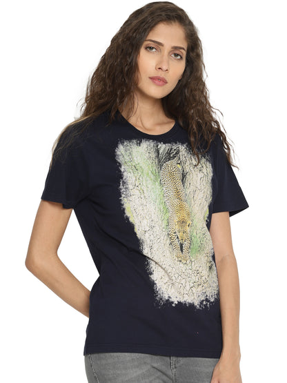Wolfpack Leopard Down Navy Blue Printed Women T-Shirt