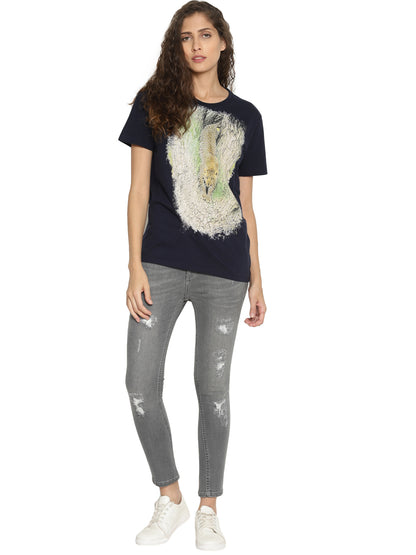 Wolfpack Leopard Down Navy Blue Printed Women T-Shirt