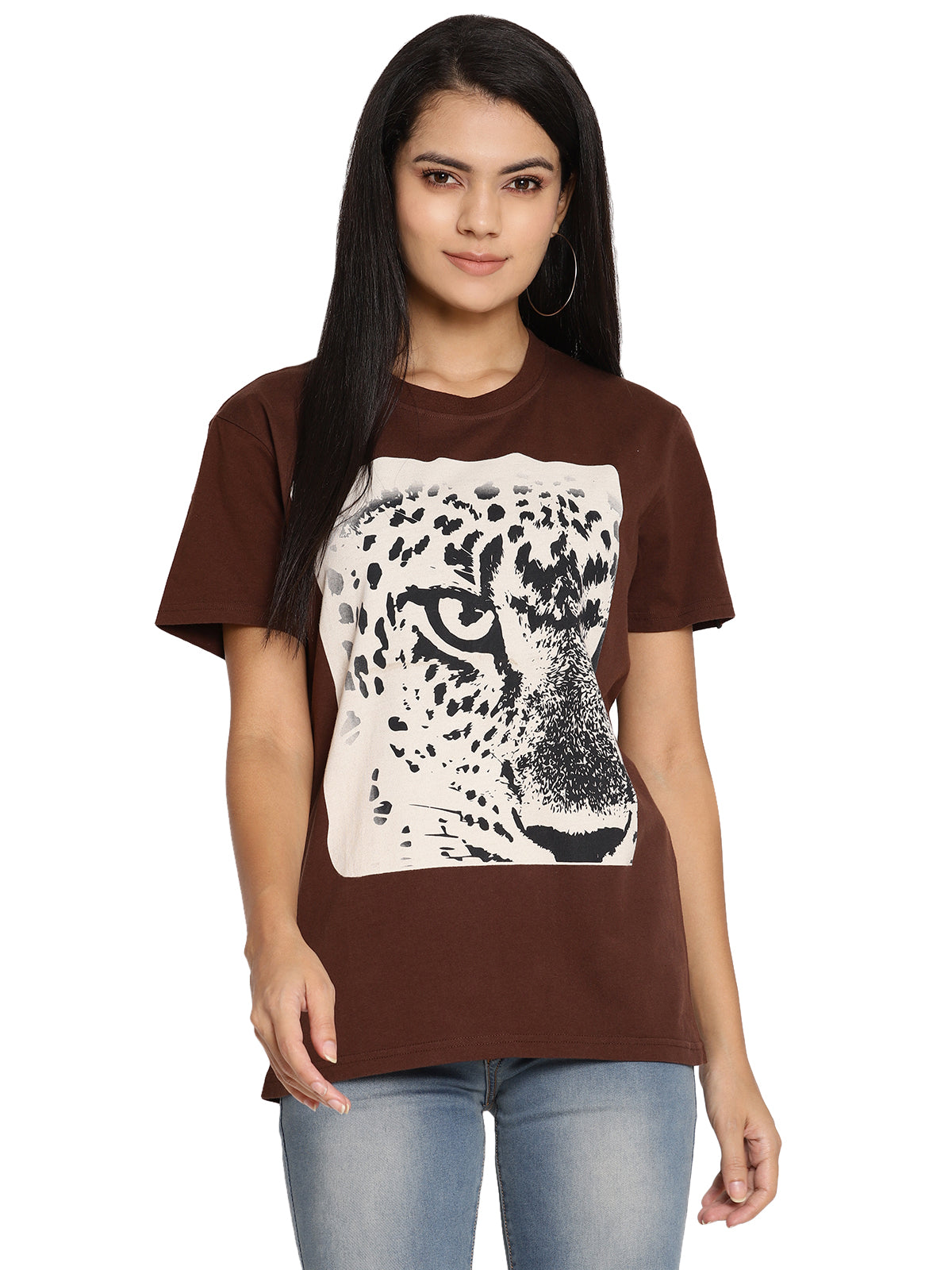 Wolfpack Leopard Eye Choco Brown Printed Women T-Shirt Wolfpack