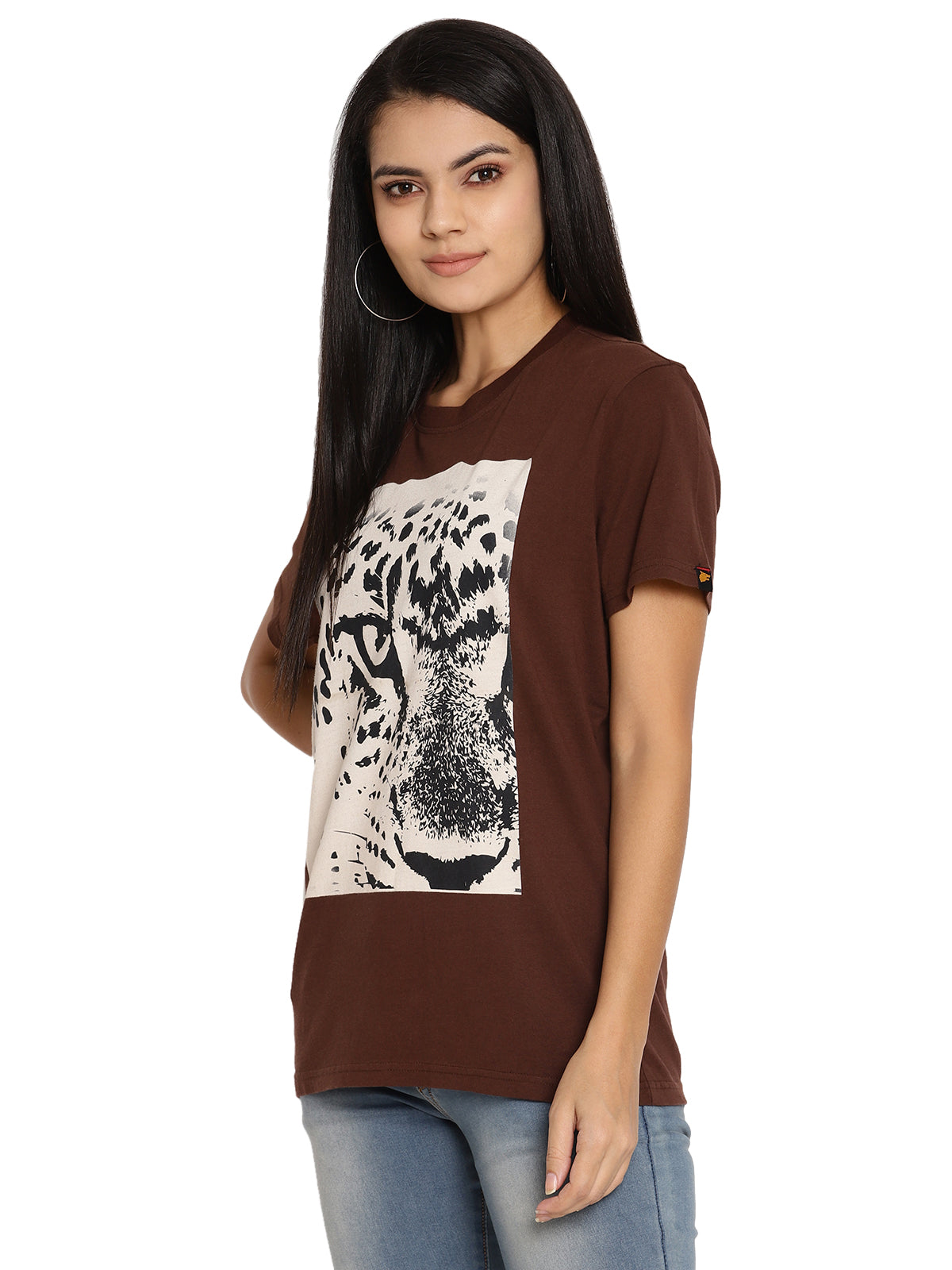 Wolfpack Leopard Eye Choco Brown Printed Women T-Shirt Wolfpack