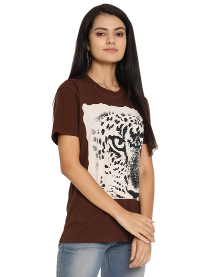 Wolfpack Leopard Eye Choco Brown Printed Women T-Shirt Wolfpack