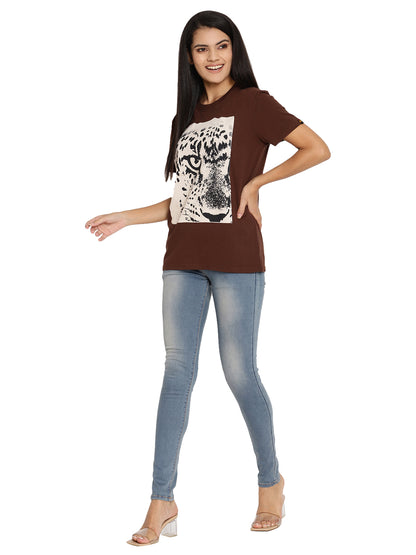 Wolfpack Leopard Eye Choco Brown Printed Women T-Shirt Wolfpack