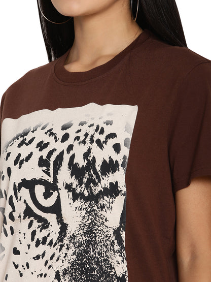 Wolfpack Leopard Eye Choco Brown Printed Women T-Shirt Wolfpack