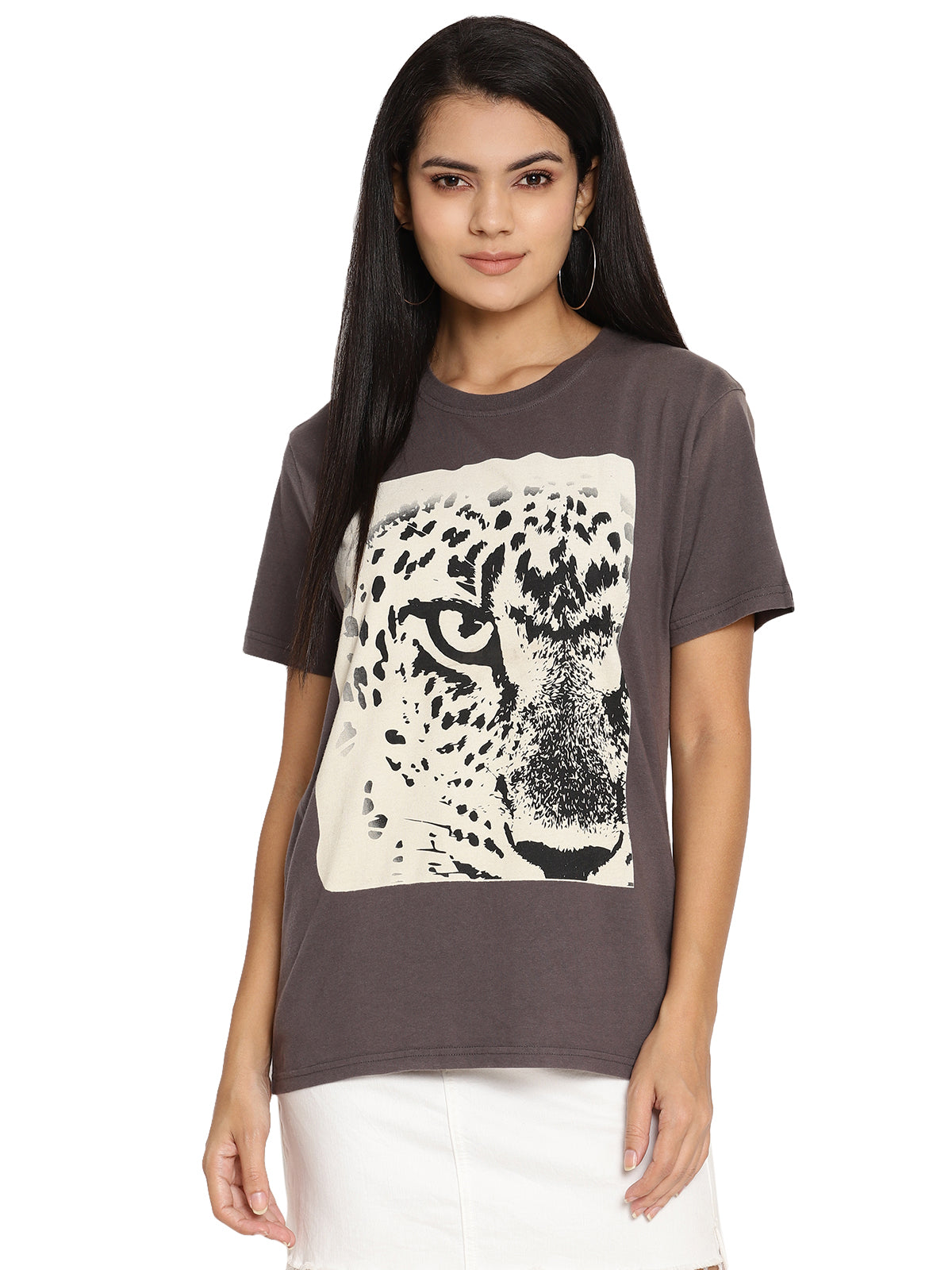 Wolfpack Leopard Eye Dark Grey Printed Women T Shirt