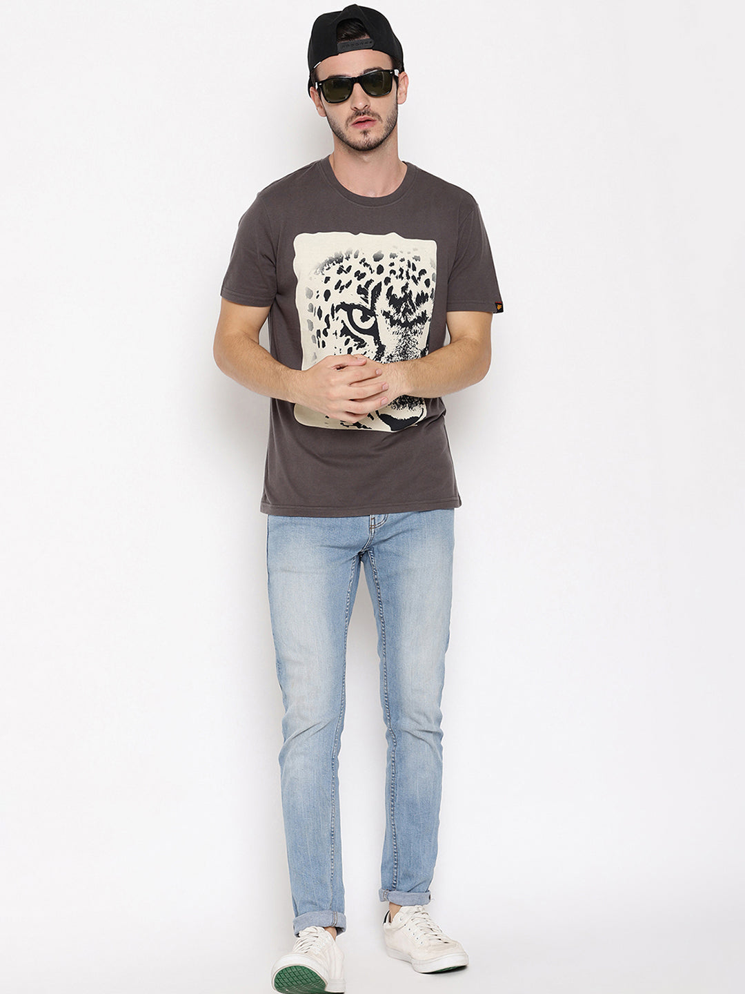 Leopard Eye Dark Grey Printed Men T-Shirt