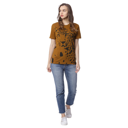 Wolfpack Leopard Graphic Greenish Brown Printed Women T-Shirt Wolfpack