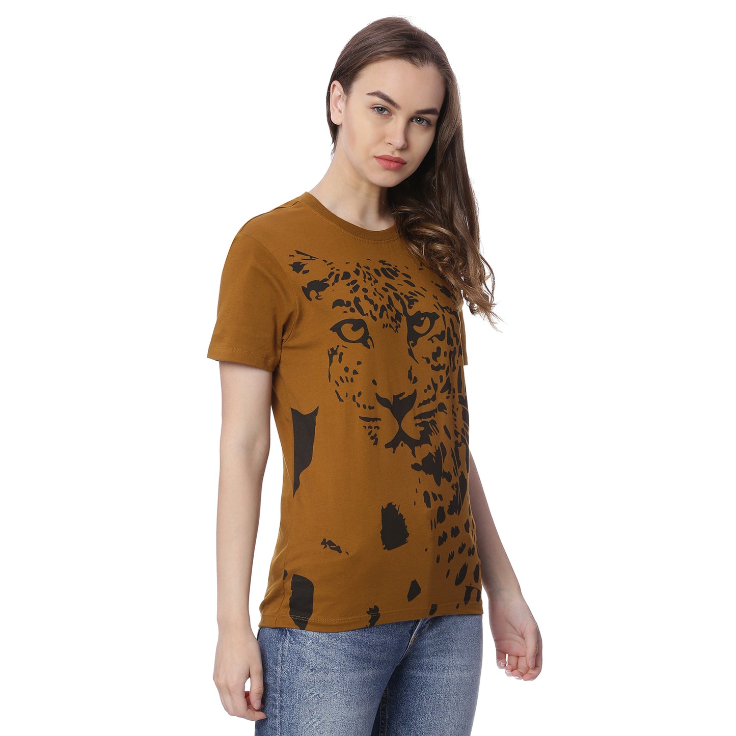 Wolfpack Leopard Graphic Greenish Brown Printed Women T-Shirt Wolfpack