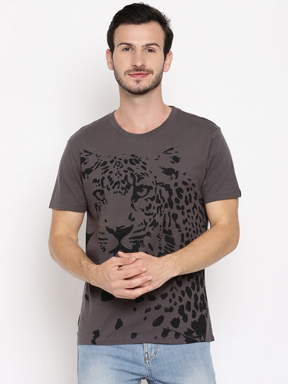 Leopard Graphic Dark Grey Printed Men T-Shirt Wolfpack