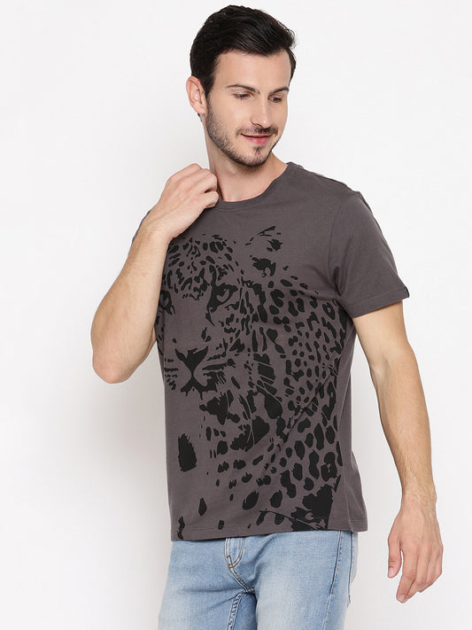 Leopard Graphic Dark Grey Printed Men T-Shirt Wolfpack