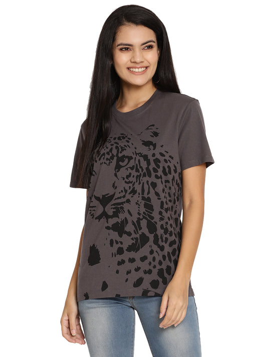 Wolfpack Women Dark Grey Printed T-Shirt Wolfpack