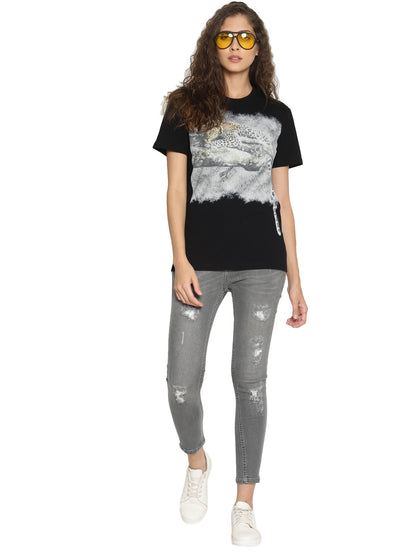 Wolfpack Women Black Printed T-Shirt Wolfpack