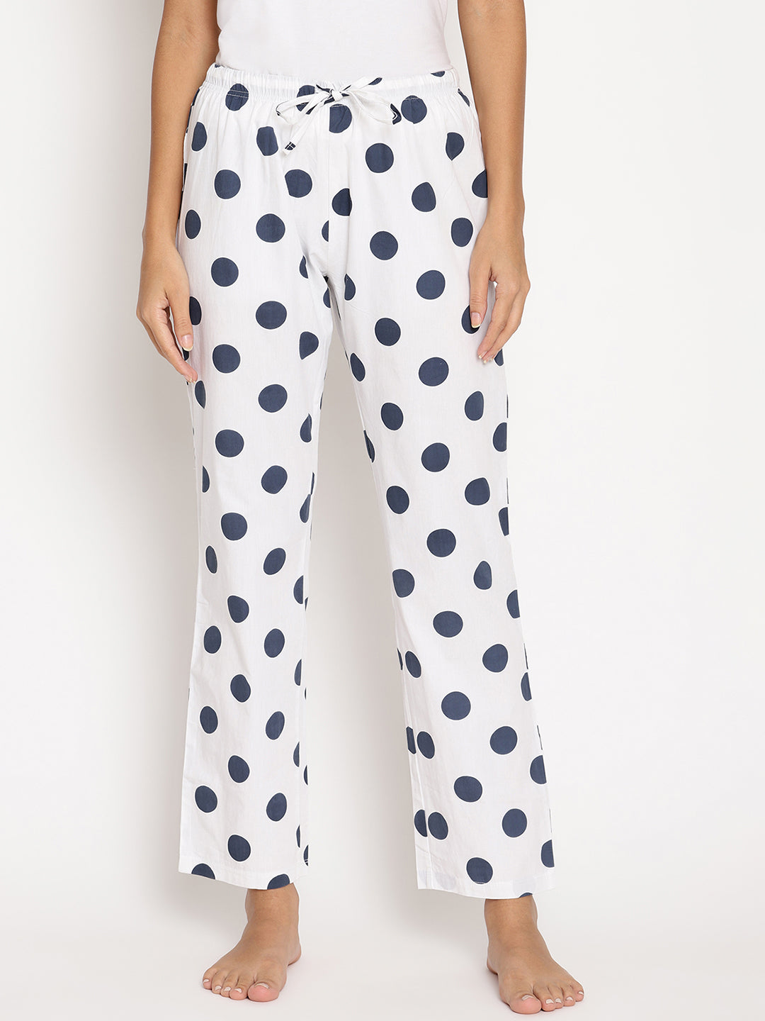 Wolfpack Women White and Black Polka Dot Printed Night Pant Wolfpack