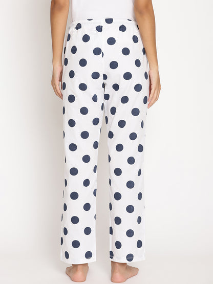 Wolfpack Women White and Black Polka Dot Printed Night Pant Wolfpack