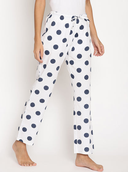 Wolfpack Women White and Black Polka Dot Printed Night Pant Wolfpack