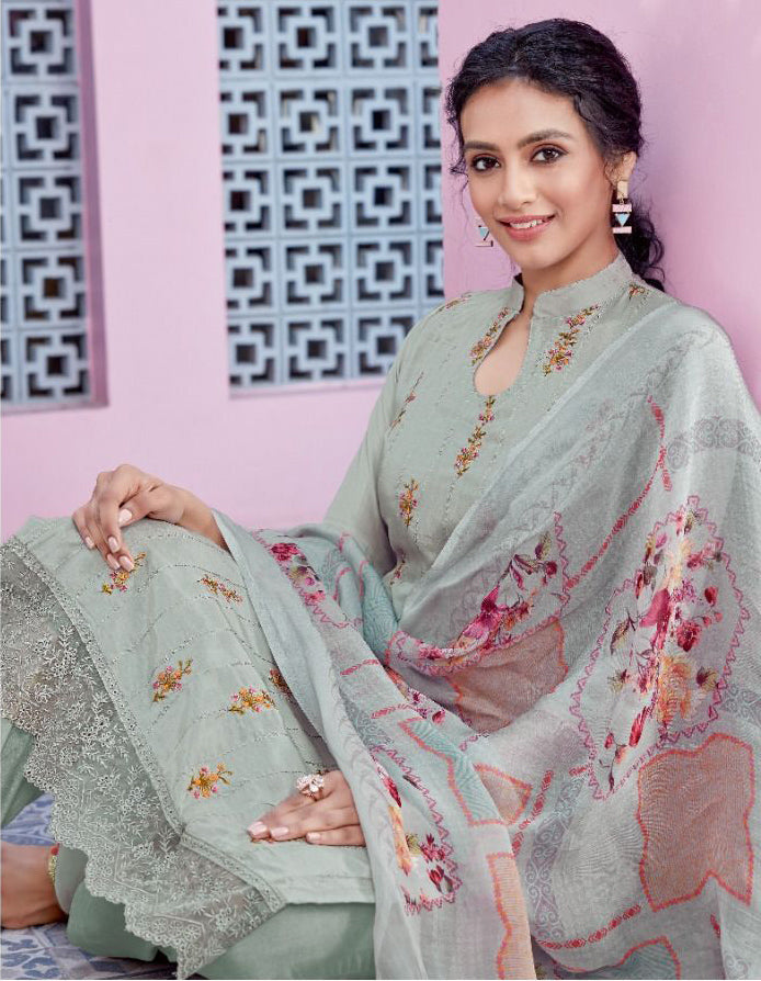 KALA ORGANZA COOL GREY PURE MASLIN UNSTITCHED SALWAR SUIT Diti