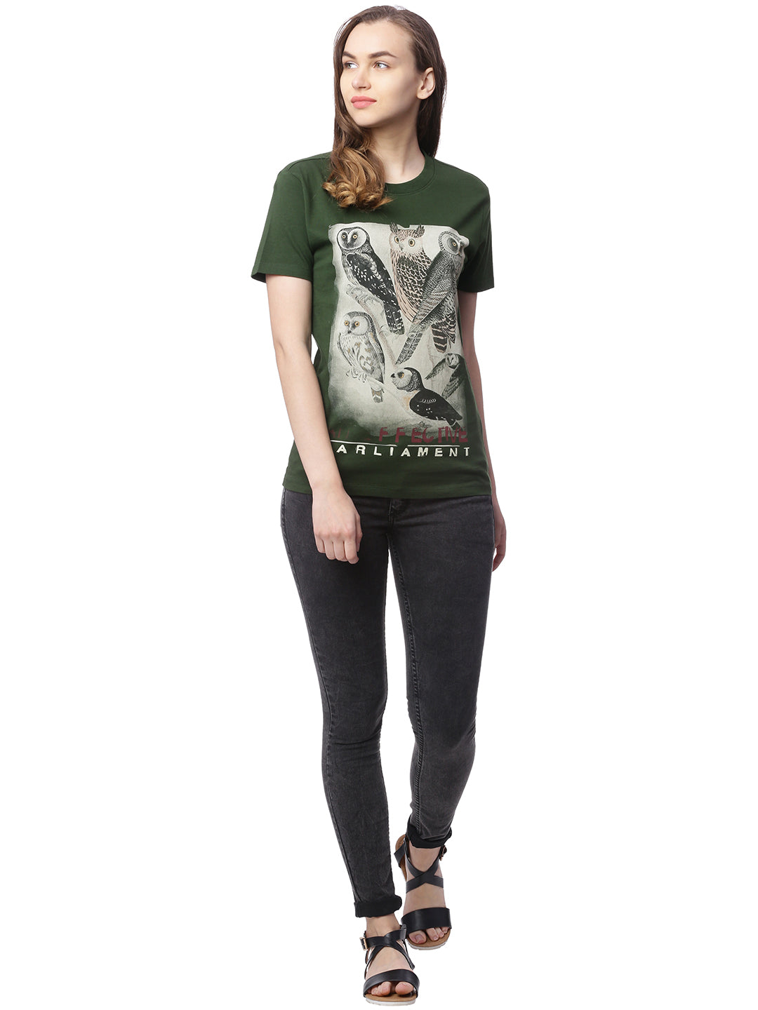 Wolfpack Women Army Green Printed T-Shirt Wolfpack