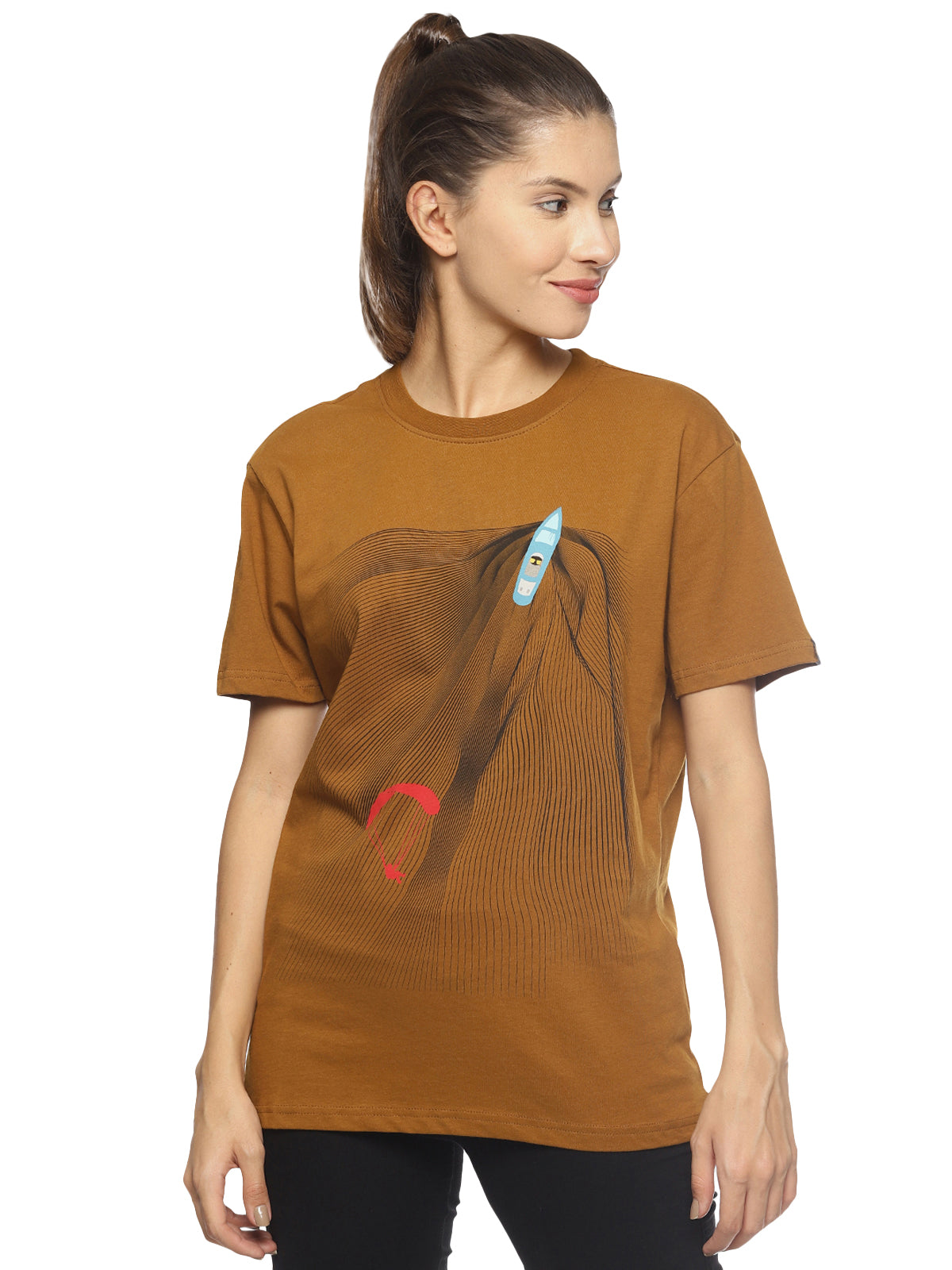 Wolfpack Women Golden Brown Parasailing Printed T-Shirt Wolfpack