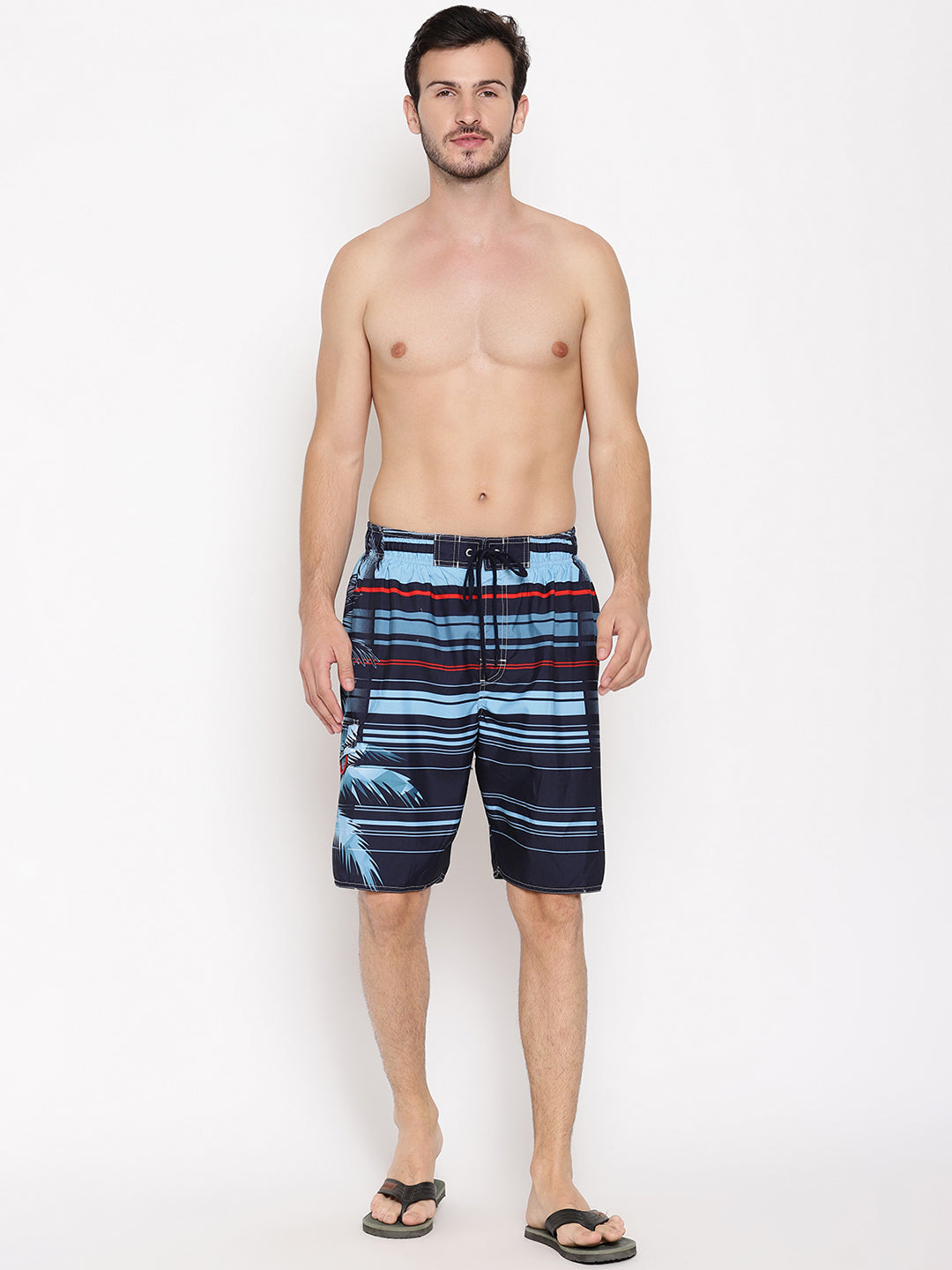 Wolfpack Men Blue and Red Striped Print Swim Shorts Wolfpack