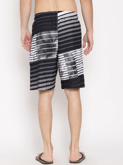Wolfpack Men White and Grey Striped Print Swim Shorts Wolfpack