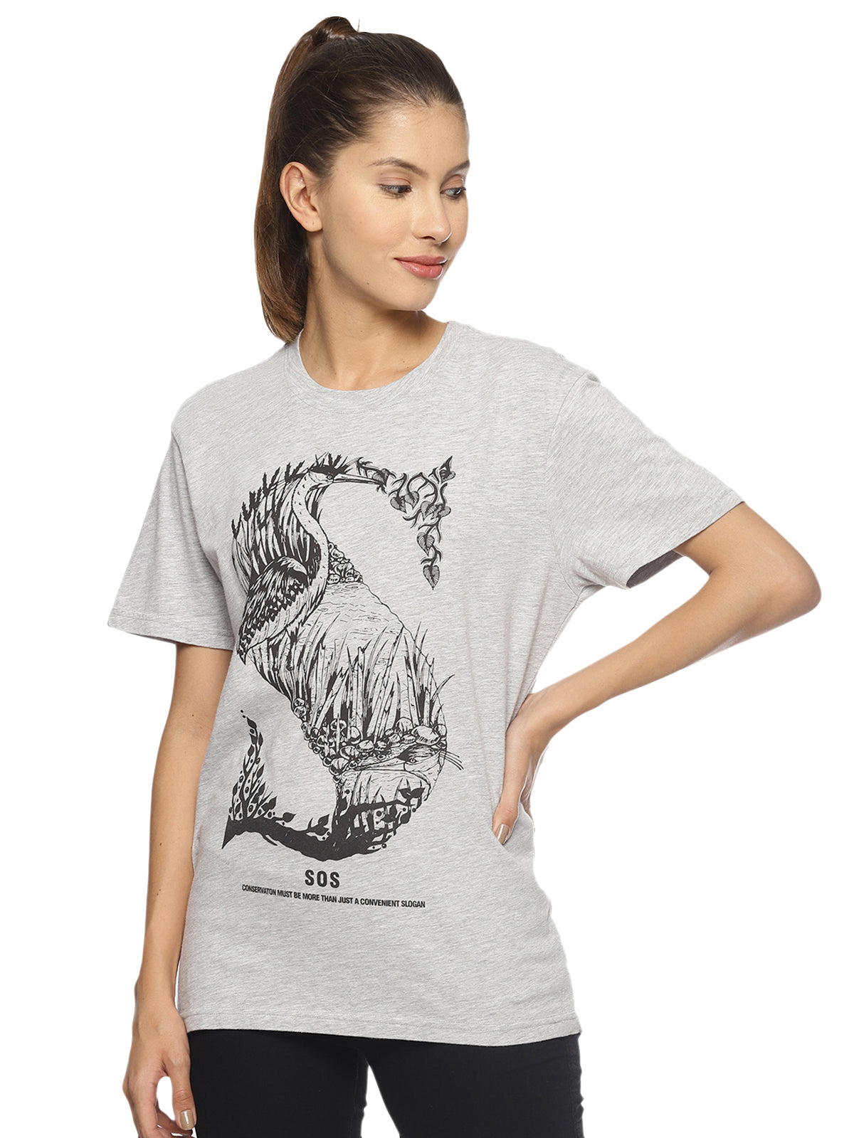 Wolfpack SOS S Heron Grey Melange Printed Women T-Shirt Wolfpack