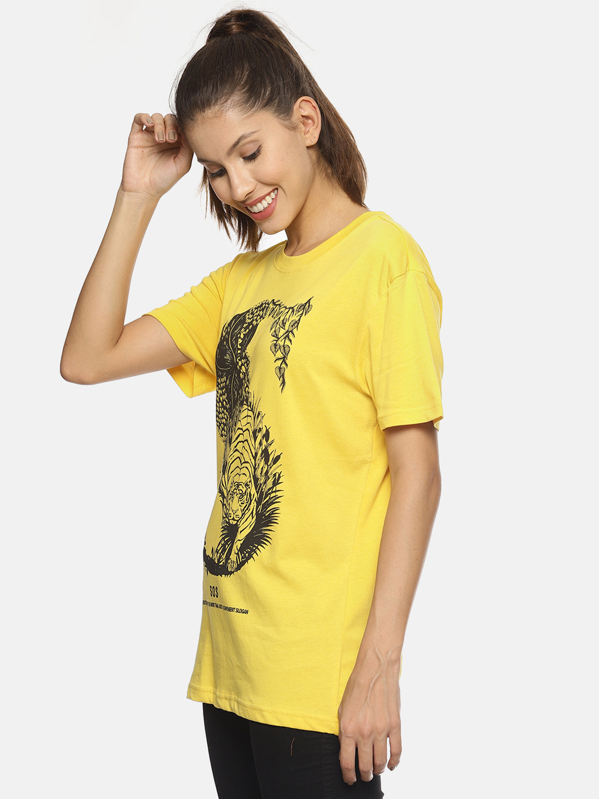 Wolfpack SOS S Tiger Yellow Printed Women T-Shirt Wolfpack