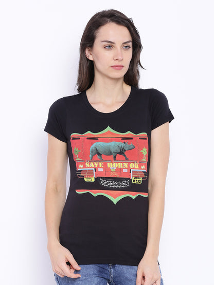 Wolfpack Women Save Horn Ok Black Printed T-Shirt Wolfpack