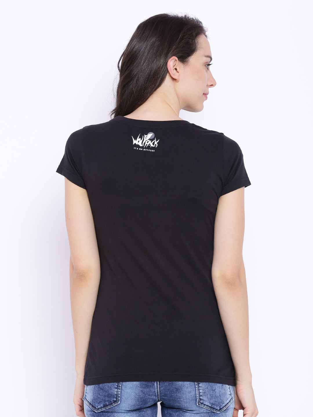 Wolfpack Women Black Printed Half Sleeves T-Shirt Wolfpack