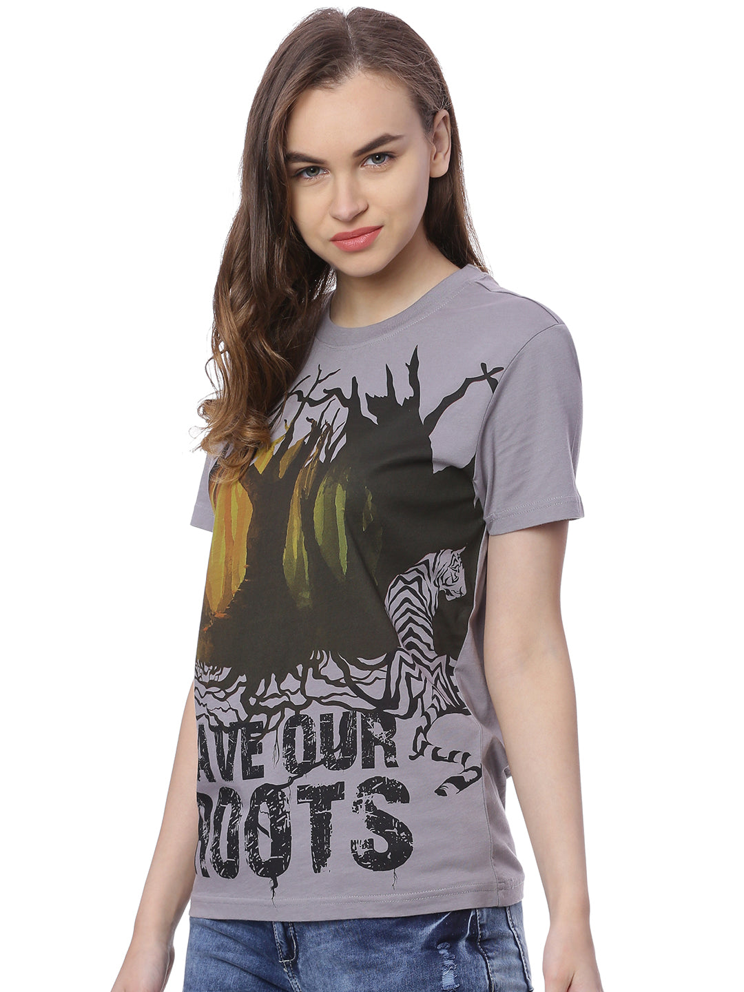Wolfpack Women Save Our Roots Grey Printed T-Shirt Wolfpack