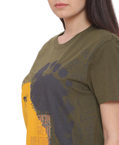 Wolfpack Single Step Army Green Printed Women T-Shirt